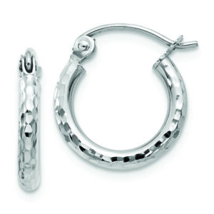14k White Gold Diamond-cut 2mm Round Tube Hoop Earrings
