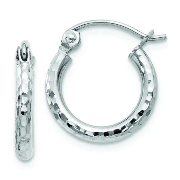 14k White Gold Diamond-cut 2mm Round Tube Hoop Earrings