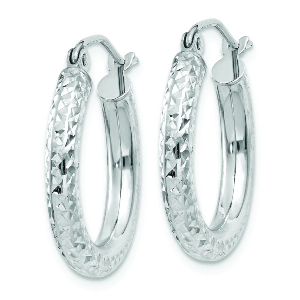 14k White Gold Diamond-cut 3mm Round Hoop Earrings - Image 2