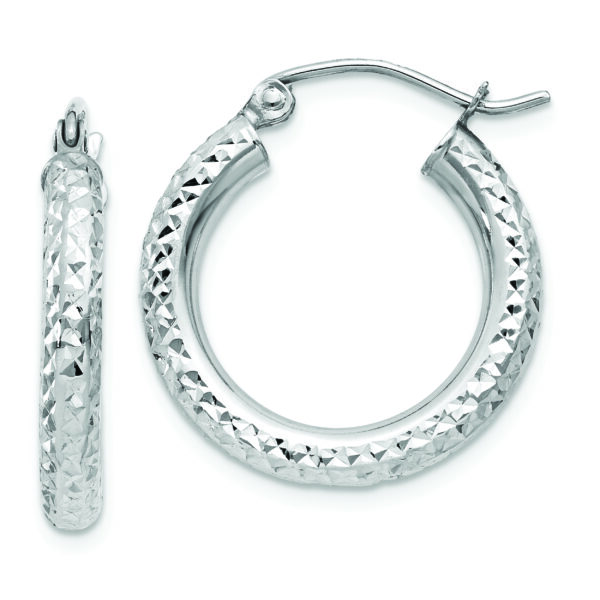 14k White Gold Diamond-cut 3mm Round Hoop Earrings