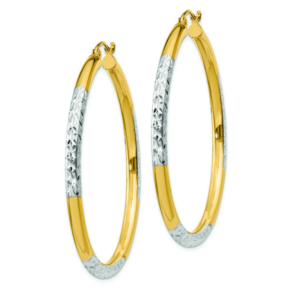 14K and Rhodium Diamond-cut 3x45mm Hoop Earrings - Image 2
