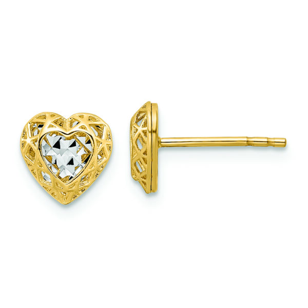 14k w/Rhodium Diamond-cut Center Heart Post Earrings