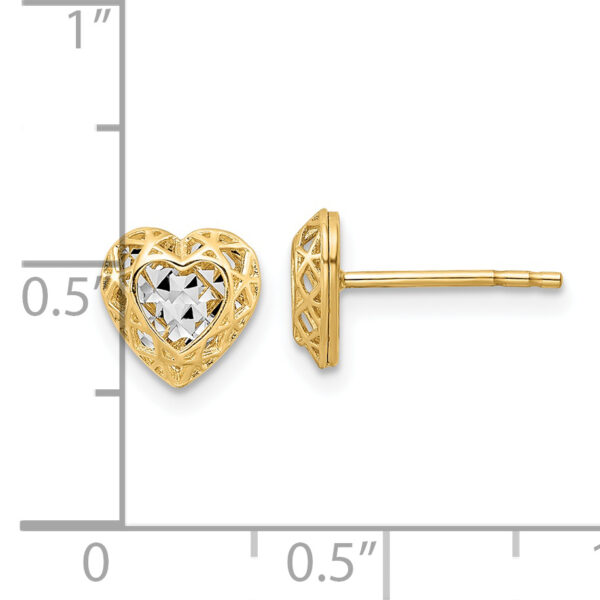 14k w/Rhodium Diamond-cut Center Heart Post Earrings - Image 3