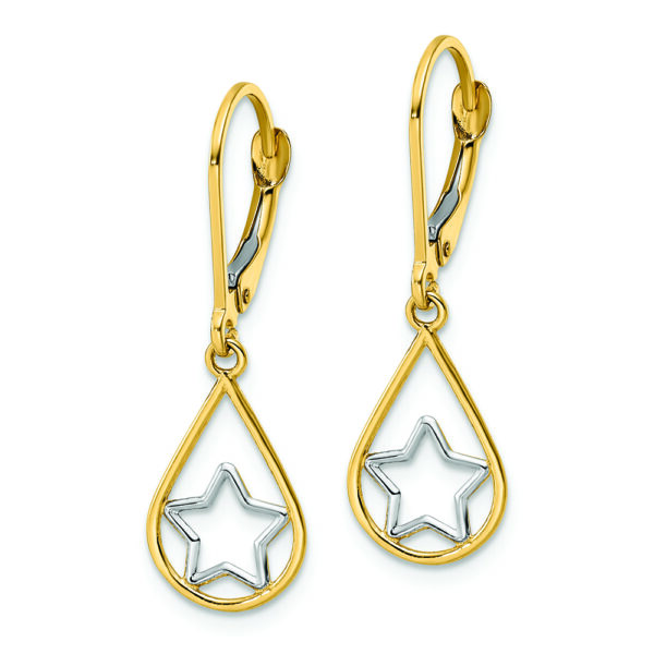 14k w/Rhodium Star in Teardrop Leverback Dangle Earrings - Image 2