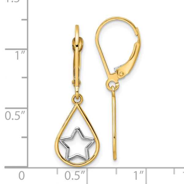 14k w/Rhodium Star in Teardrop Leverback Dangle Earrings - Image 3