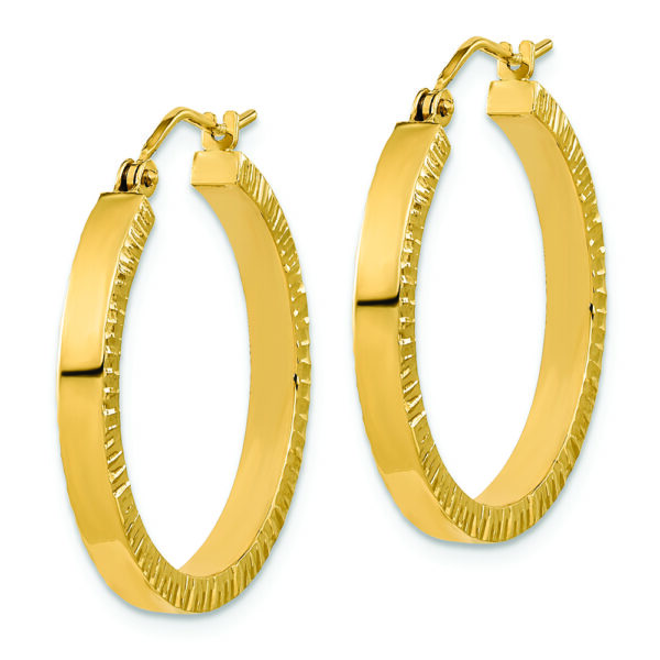 14K Polished and Textured Sides Hoop Earrings - Image 2