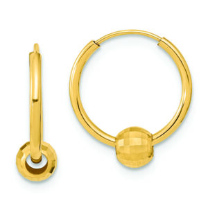 14K Polished with Diamond Cut Ball Hoop Earrings