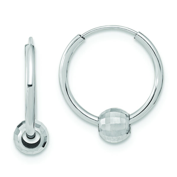 14K White Gold Polished Hoop with a Diamond Cut Ball Earrings