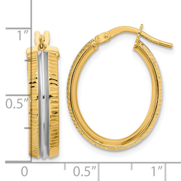 14K with White Rhodium Center Polished Oval Hoop Earrings - Image 2