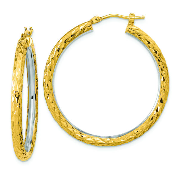 14k White Rhodium Polished Diamond-cut 3mm Circle Hoop Earrings