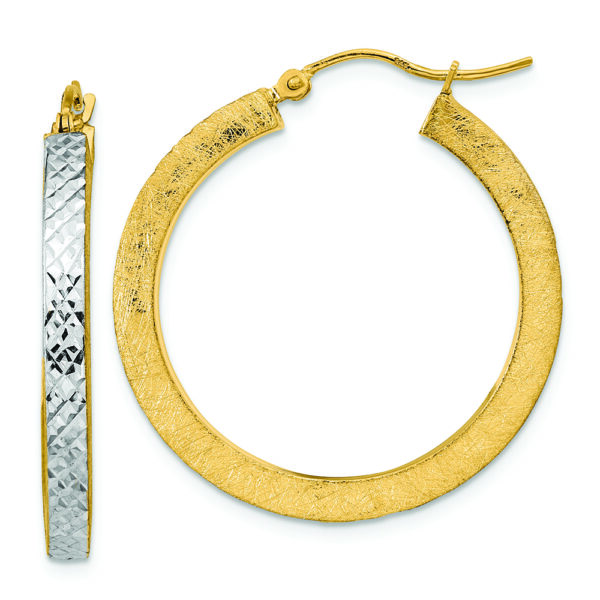 14K w/White Rhodium Polished Satin Diamond-cut Hoop Earrings