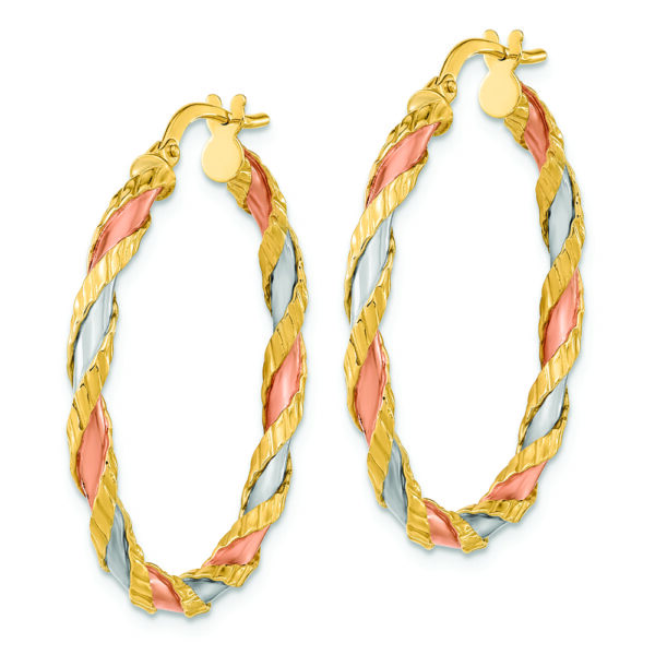 14K with Rose and White Rhodium Textured Twisted Hoop Earrings - Image 2