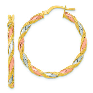 14K with Rose and White Rhodium Textured Twisted Hoop Earrings