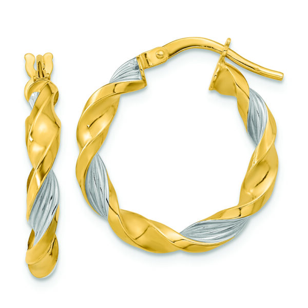 14K & White Rhodium Polished & Textured Twist Hoop Earrings