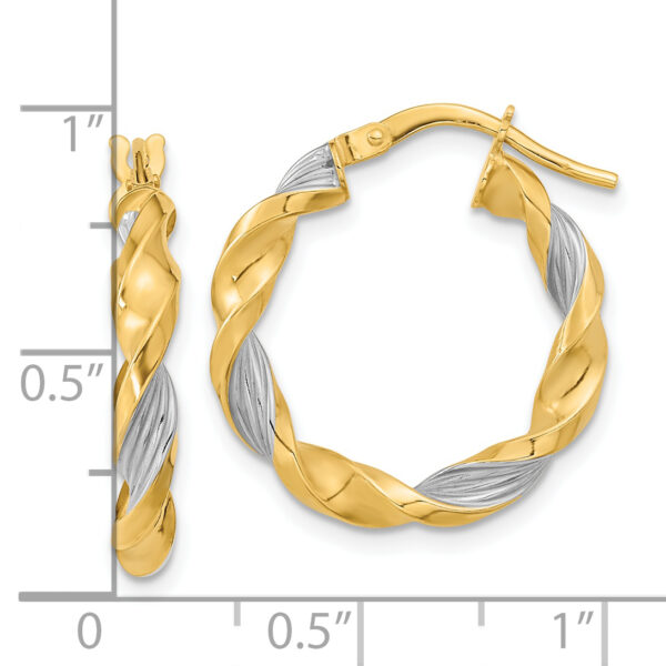 14K & White Rhodium Polished & Textured Twist Hoop Earrings - Image 2