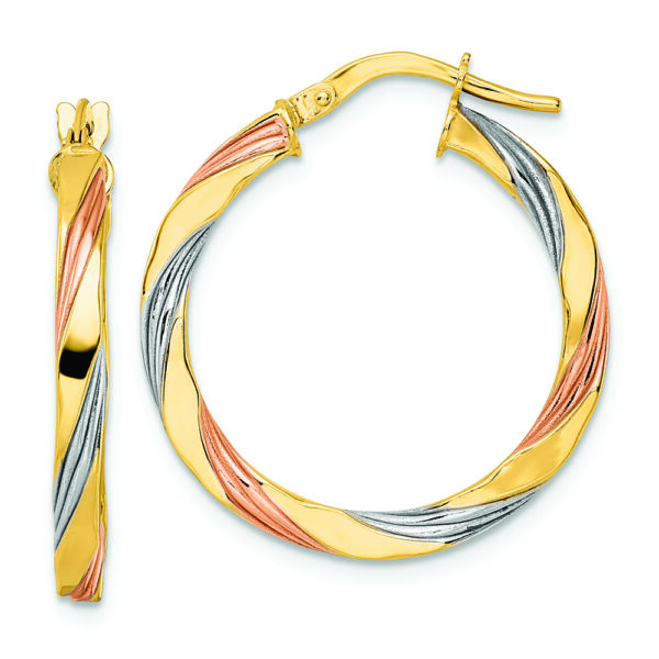 14K W/Rose & White Rhodium Polished Twisted Hoop Earrings