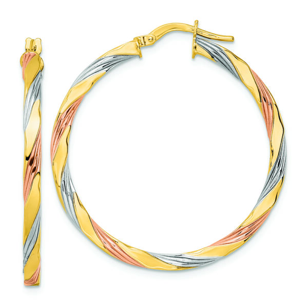 14K W/Rose & White Rhodium Polished Twisted Hoop Earrings