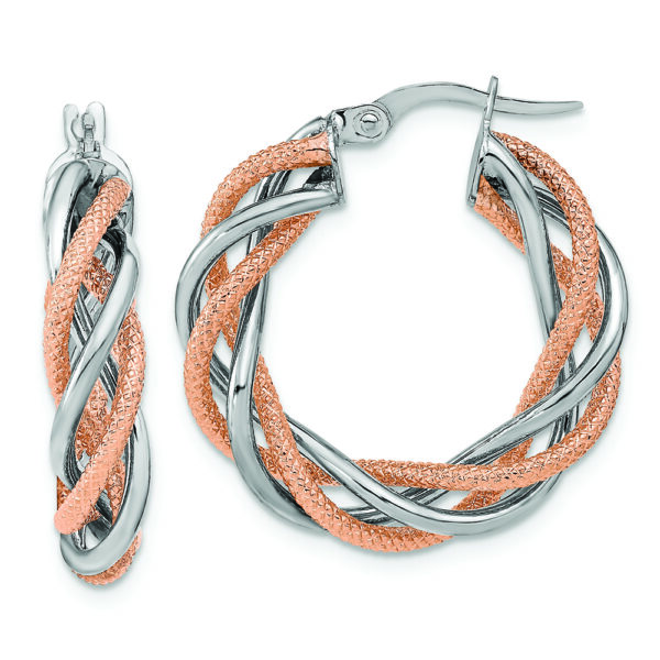 14K White Gold Rose Rhodium Polished and Textured Twisted Hoop Earrings