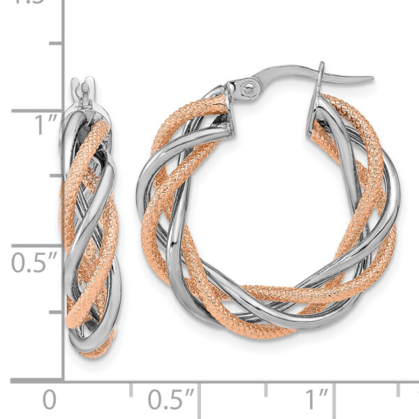 14K White Gold Rose Rhodium Polished and Textured Twisted Hoop Earrings - Image 2