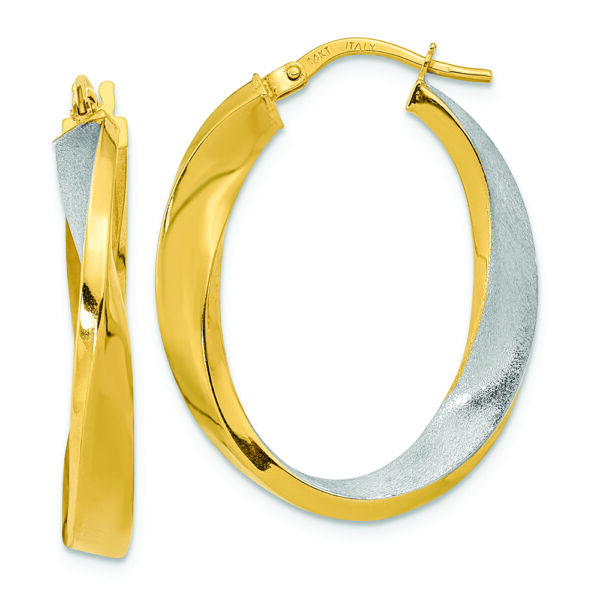 14K w/White Rhodium Polished and Satin Oval Twist Hoop Earrings