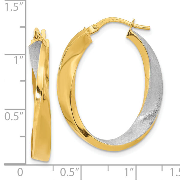 14K w/White Rhodium Polished and Satin Oval Twist Hoop Earrings - Image 2