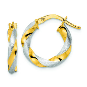 14K w/ White Rhodium Brushed and Polished Twisted Hoop Earrings