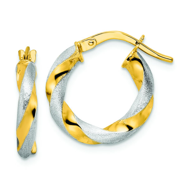 14K w/ White Rhodium Brushed and Polished Twisted Hoop Earrings
