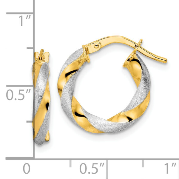 14K w/ White Rhodium Brushed and Polished Twisted Hoop Earrings - Image 2