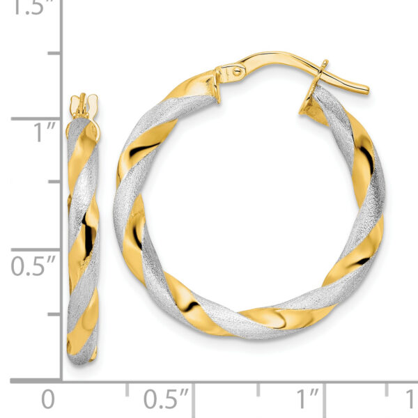 14K w/White Rhodium Brushed and Polished Twisted Hoop Earrings - Image 2