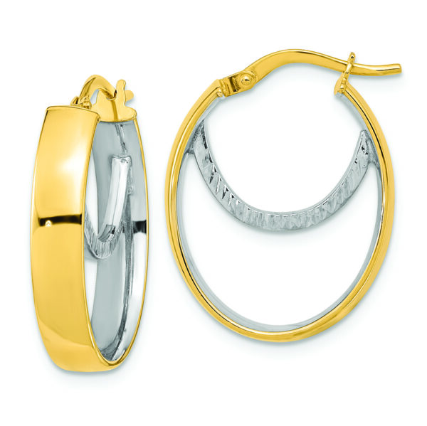 14k Two-tone Polished Diamond-cut Fancy Oval Hoop Earrings