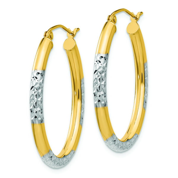 14K w/ White Rhodium 3mm Diamond Cut Oval Hollow Hoop Earrings - Image 2