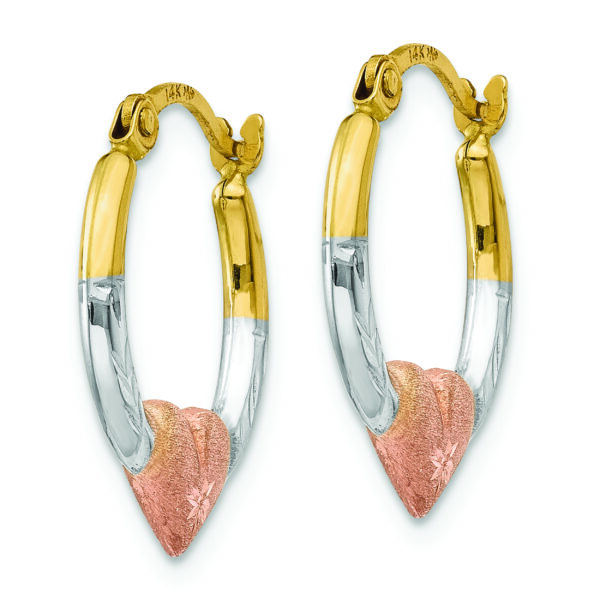 14K & White and Rose Rhodium Heart Hoop Earrings - Image 2