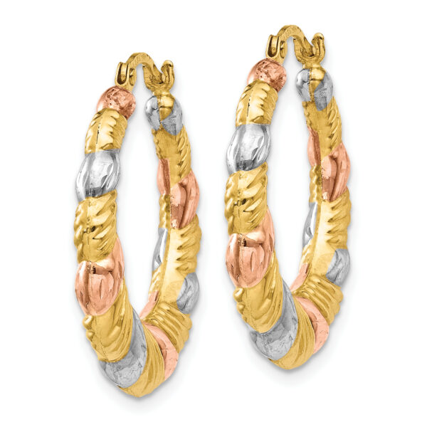 14K & White and Rose Rhodium Hollow Scalloped Hoop Earrings - Image 2