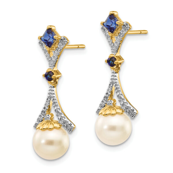 14k 7-8mm FWC Pearl Created Sapphire Diamond Dangle Post Earrings - Image 2