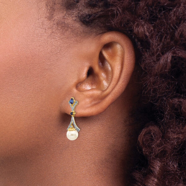 14k 7-8mm FWC Pearl Created Sapphire Diamond Dangle Post Earrings - Image 3