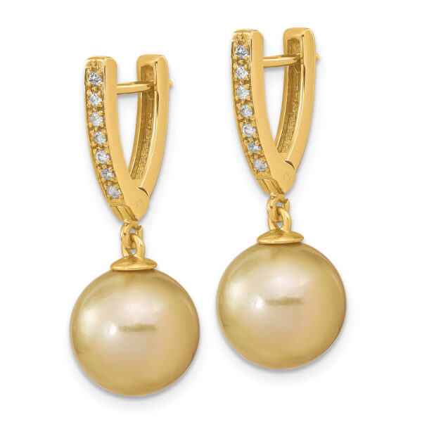 14K 10-11mm Round Golden Saltwater South Sea Pearl .105ct. Dia. Dangle Earr - Image 2