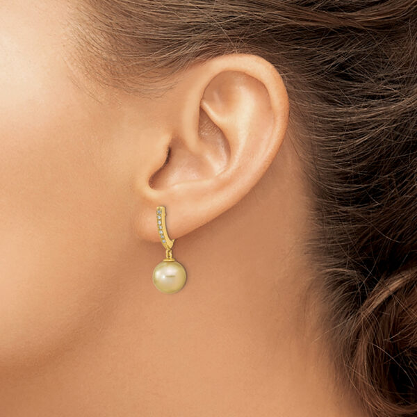 14K 10-11mm Round Golden Saltwater South Sea Pearl .105ct. Dia. Dangle Earr - Image 3