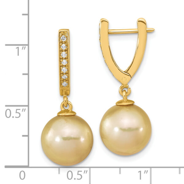 14K 10-11mm Round Golden Saltwater South Sea Pearl .105ct. Dia. Dangle Earr - Image 4