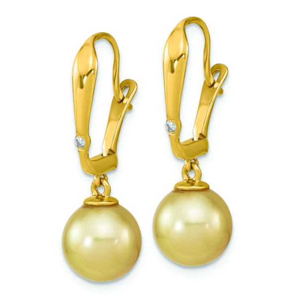 14K 9-10mm Round Golden Saltwater South Sea Pearl .02ct Dia. Earrings - Image 2
