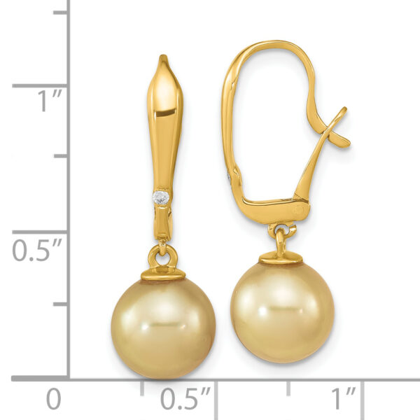 14K 9-10mm Round Golden Saltwater South Sea Pearl .02ct Dia. Earrings - Image 3