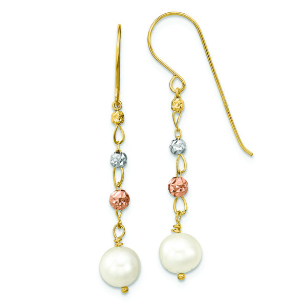 14K Two Tone D/C Freshwater Cultured Pearls Dangle Earrings