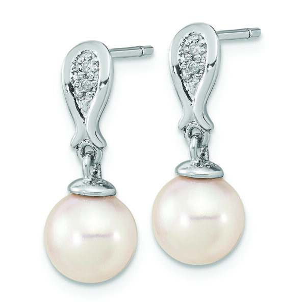 14K WG 7-8mm Round White Saltwater Akoya Pearl .03ct Dia. Dangle Earrings - Image 2