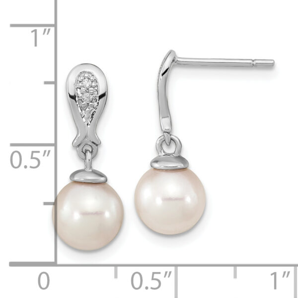 14K WG 7-8mm Round White Saltwater Akoya Pearl .03ct Dia. Dangle Earrings - Image 3