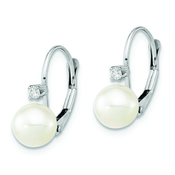 14K White Gold 6-7mm Round White FWC Pearl .06ct. Dia. Leverback Earrings - Image 2