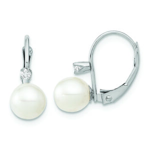14K White Gold 6-7mm Round White FWC Pearl .06ct. Dia. Leverback Earrings
