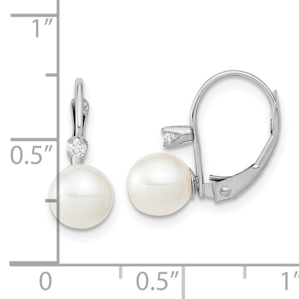 14K White Gold 6-7mm Round White FWC Pearl .06ct. Dia. Leverback Earrings - Image 3