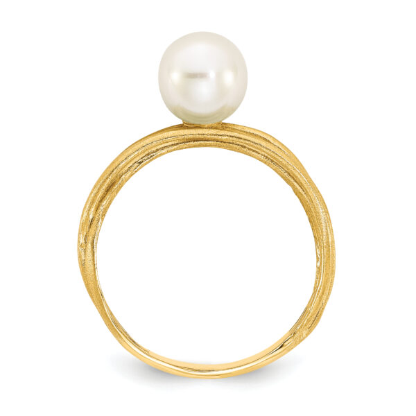 14K 7-8mm Round White Freshwater Cultured Pearl Brushed Ring - Image 2