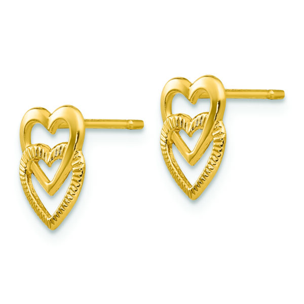 14K Yellow Gold Polished Double Heart Post Earrings - Image 2