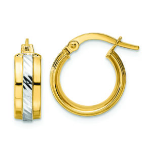 14k w/ White Rhodium Diamond-cut Hoop Earrings