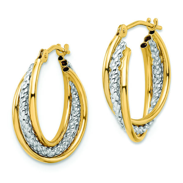 14k w/ White Rhodium Polished Textured Hoops - Image 2